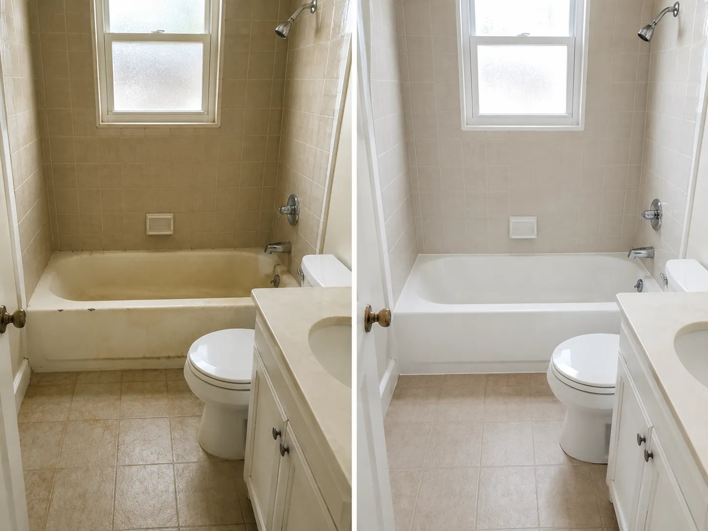 Before and after bathroom with bathtub refinishing.