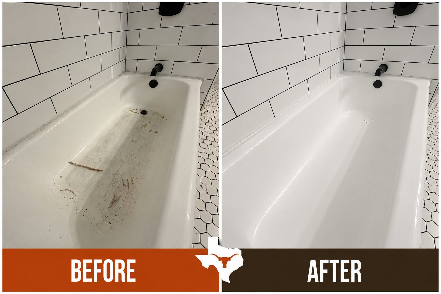 Representative before-and-after bathtub refinishing example for Lago Vista, Texas, showing a worn tub restored to a glossy white finish.