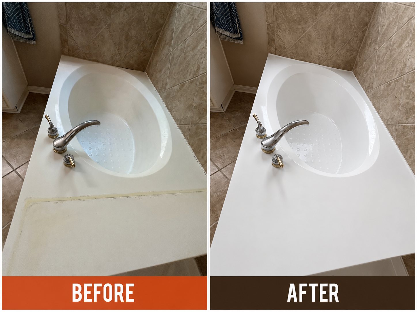 Representative before-and-after oval bathtub refinishing example for Marble Falls, Texas, showing a refreshed white finish.